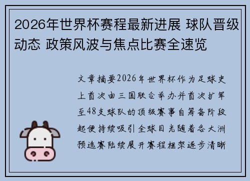 2026年世界杯赛程最新进展 球队晋级动态 政策风波与焦点比赛全速览 2026年世界杯赛程最新进展 球队晋级动态 政策风波与焦点比赛全速览